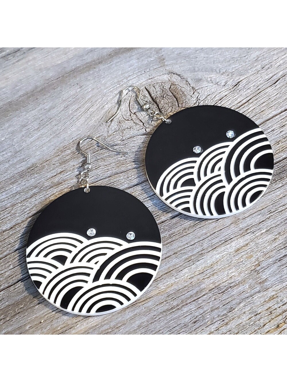 Vintage Y2K White Black Lucite Austrian Crystal Abstract Big Waves Earrings